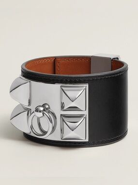 Hermes Collier de Chien Wide Leather Bracelet in Black and Silver